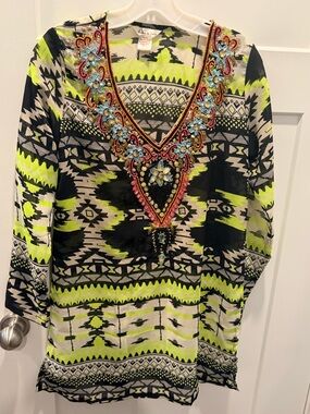 Lucky & Coco Boho Tunic Dress Small Embellished Beaded V Neck Festival Top